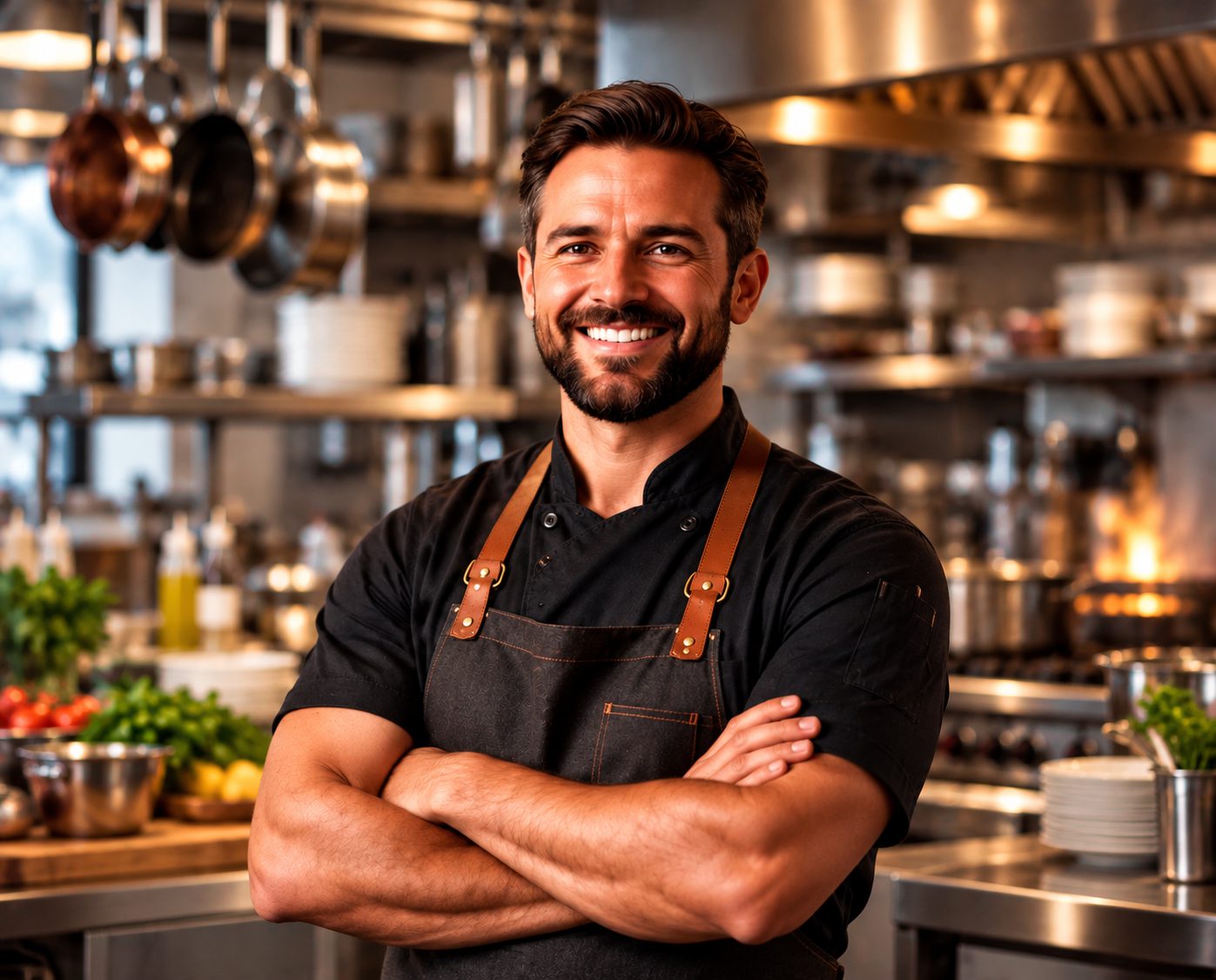 A smiling restaurant owner in a chef's apron, arms crossed, in his kitchen