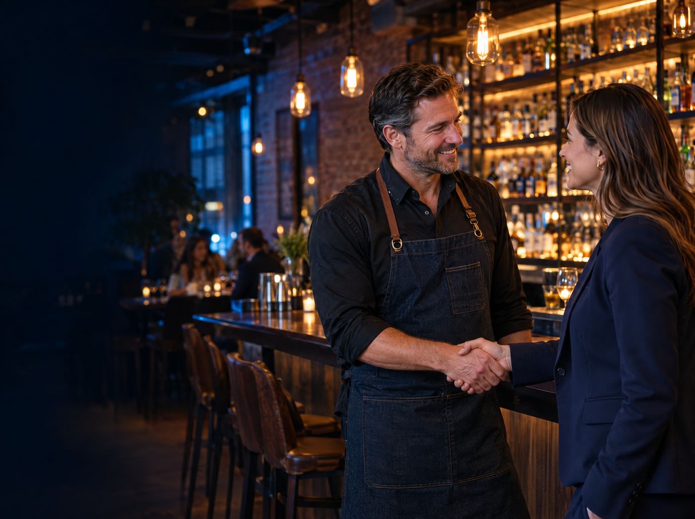 A restaurant owner in an apron shaking hands with a business partner at his bar