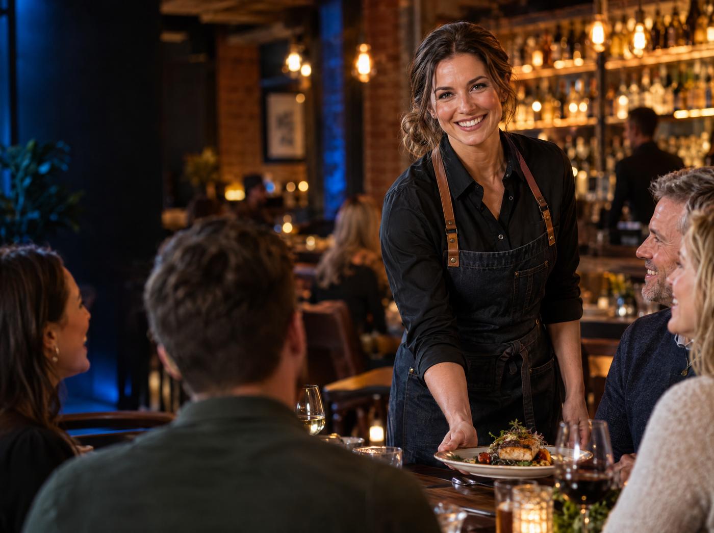 A smiling server delivering a plated entree to a table of happy diners in a busy restaurant